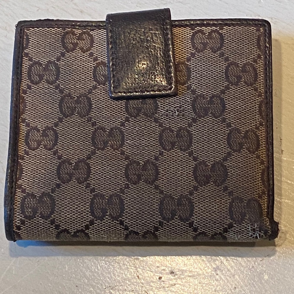 Gucci Wallet Brown GG Canvas Leather Trim Bi Fold Snap Closure Vintage - Picture 2 of 8